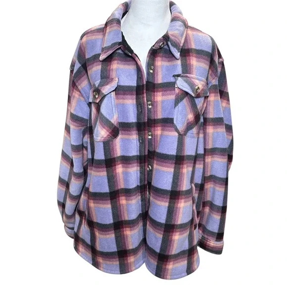 Sage Collection Purple Plaid Fleece Faux Fur Sherpa Shirt Jacket XXL Long Sleeve - Picture 5 of 12